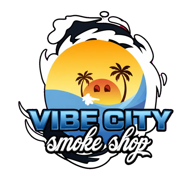 Vibe City Smoke Shop logo — tropical sunset badge with palm trees and ocean wave, Boca Raton FL